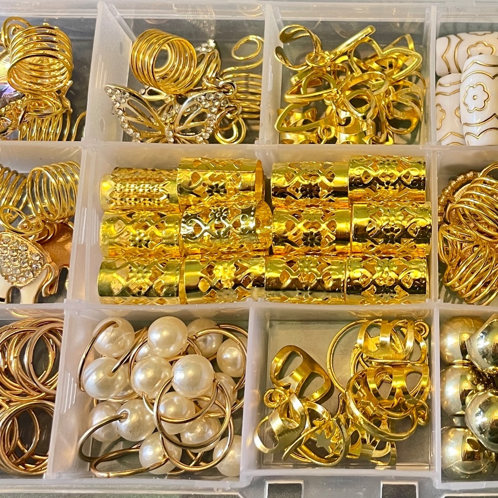 Gold Tone Hair Jewelry for Braids, Dreadlocks, Loc w/ Charms, Beads, Cuff 91 PCS